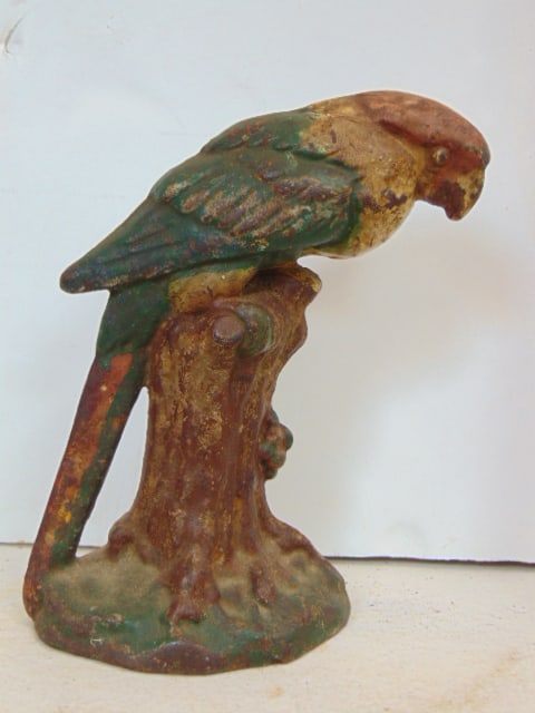 Cast iron doorstop, Parrot, faint mark on back, Hubley ? (illegible), 7.5" tall: Cast iron doorstop, Parrot, faint mark on back, Hubley ? (illegible), 7.5" tall
