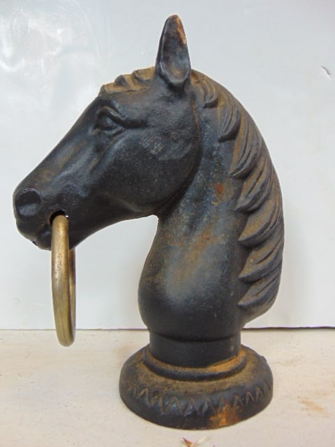 Cast iron horse head doorstop, top of post, with ring, height is 9.5" (1 of 3)