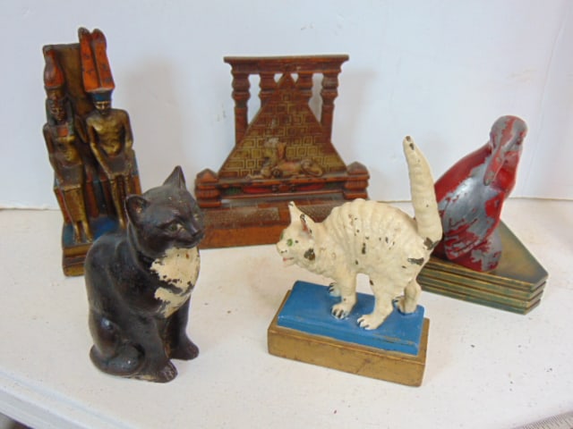 5 single bookends, cast iron cat, painted white cat on base, Egyptian figural bookend, Egyptian (1 of 6)