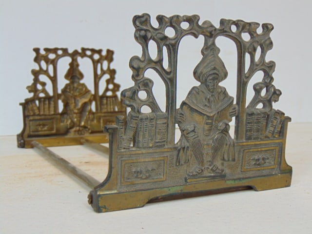 Pair folding, 1920's adjustable bookends with reading figure, books, in brass, adjustable from (1 of 5)