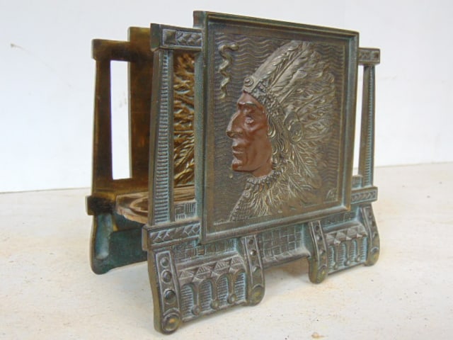 Brass Art Deco Indian head decorated letter holder, 6.5" wide, 2.5" deep (interior), height is (1 of 5)