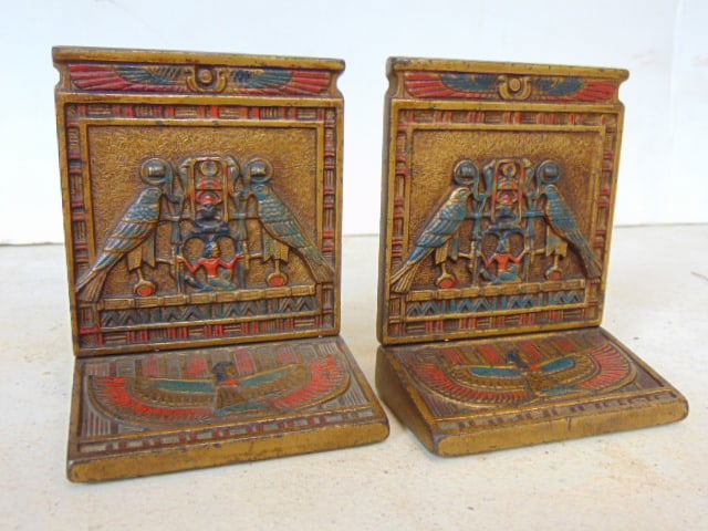 Pair Judd Egyptian revival bookends, painted decorated iron, marked C.J.O, No 9861, 3.5" wide, 2" (1 of 5)