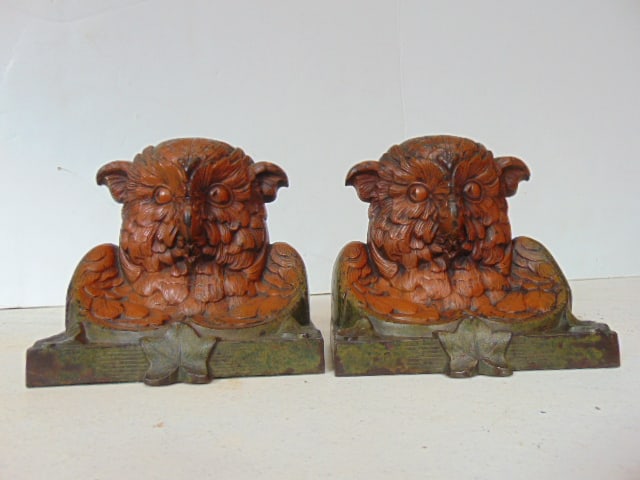 Pair large cast iron Owl Bookends, No 9738, Judd, original paint, some flaking at base, 6.75" wide, (1 of 5)