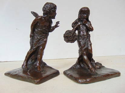 Pair bronze figural bookends, by Max Peinlich, 1912, Griffoul Foundry, Newark, NJ, girl with flowers: Pair bronze figural bookends, by Max Peinlich, 1912, Griffoul Foundry, Newark, NJ, girl with flowers & cupid, nice dark patina, height is 6.5", good condition.