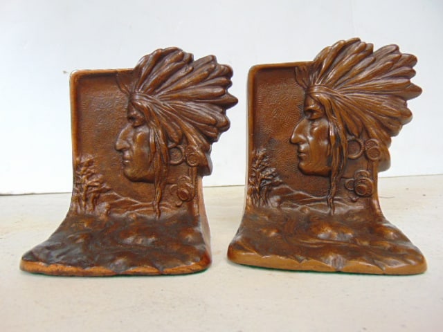 Pair Native Indian themed cast iron bookends by L.V. Aronson, vintage 1920's, art nouveau elements, (1 of 4)