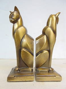 Pair art Deco Spelter cat bookends, Frankart style, not signed, 7 7/8" tall, nice patina.: Pair art Deco Spelter cat bookends, Frankart style, not signed, 7 7/8" tall, nice patina.