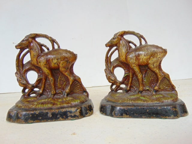 Pair cast iron bookends, Ibex with large horns, painted, numbered 417, no other marks, height is (1 of 4)
