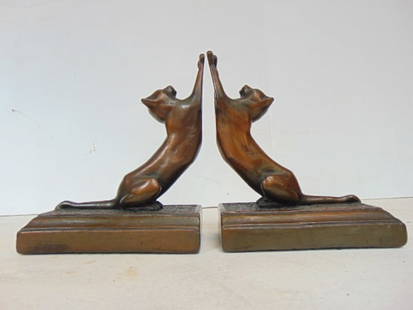 Pair stretched cat art deco bookends by Armor Bronze, paper labeled, base is 5.75" by 3 3/8", height: Pair stretched cat art deco bookends by Armor Bronze, paper labeled, base is 5.75" by 3 3/8", height is 6.75"