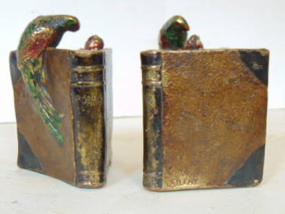 Pair bronze clad Kileny Edgar Allen Poe bookends, showing a parrot of a partially opened Edgar Allan: Pair bronze clad Kileny Edgar Allen Poe bookends, showing a parrot of a partially opened Edgar Allan Poe Poems book, original paint, height is 5.75"