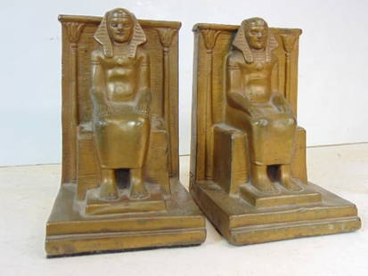 Pair Armor Bronze copper clad Egyptian revival bookends, signed L. Gudebrod, seated pharaoh, partial: Pair Armor Bronze copper clad Egyptian revival bookends, signed L. Gudebrod, seated pharaoh, partial paper label on one, base is 4.5" by 4.75", height is 7"