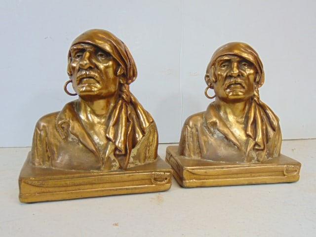 Pair copper clad "Pirate Head" bookends, by Armor Bronze (labels gone), in gold patina, base is 6 (1 of 5)
