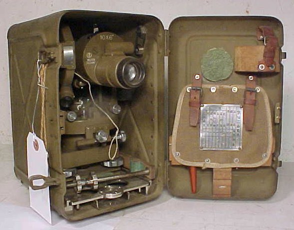 Japanese military theodolite in original case, WW2: WW2 era Japanese military theodolite in original metal case. Case measures 9" x 6" x 10". With compass, plumb bob, cleaning tools, tinted lens covers, and tape measure. 10 x 6 degrees. Marked No. 2038
