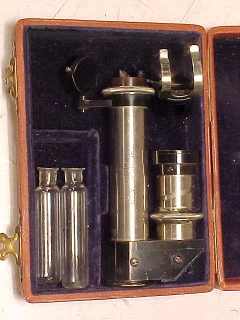 Field microscope by C. Reichert, Vienna: Field microscope by C. Reichert, Vienna, with 2 bottles, in original case. 5" Hudson Valley Auctioneers has endeavored to accurately describe all items being sold, but all property herein offered for 