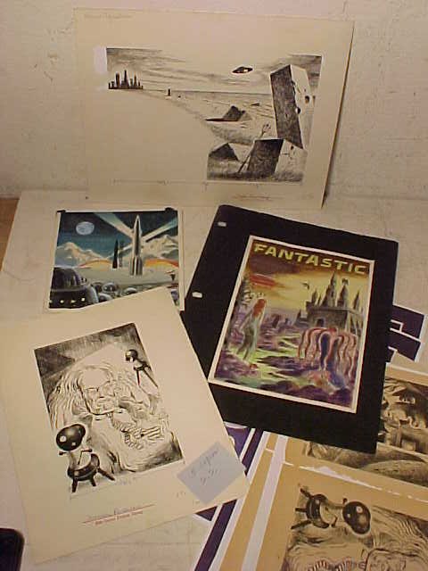 Misc Small Illustrations Lloyd Birmingham: Misc Lot of Small Illustrations Lloyd Birmingham. (1) 6x6" color original illustration, rocket w/ Earth in the sky above and robot/alien audience. Unsgd. (1) Original cover design. 5.75x8". "Fantastic