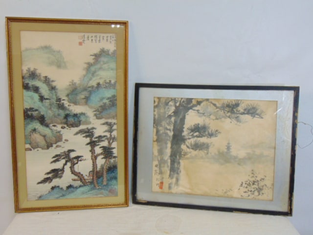 2 Chinese watercolors, landscape with stream, figures in boat, signed, 29.5" by 16" & watercolor (1 of 13)