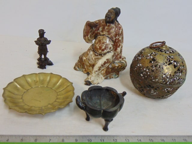 Lot early Asian, Chinese bronze, brass, ceramic, small brass dish, bronze bowl, round reticulated (1 of 16)