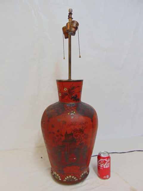 Chinese table lamp, porcelain bottom, red painted body with various scenes, figures & flowers, (1 of 7)