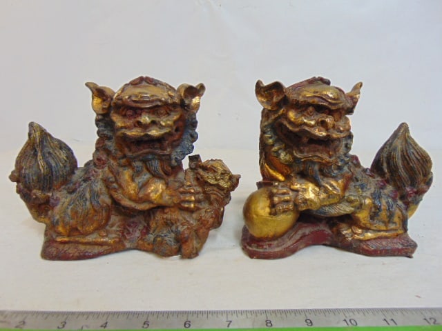 Pair gilt iron foo dogs with painted detail, 6" tall. (1 of 7)