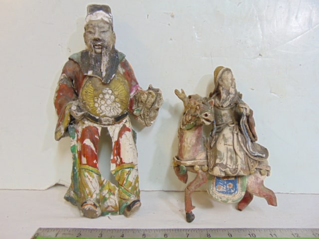 2 Chinese mud figures, man with beard in elaborate clothing & figure on horseback, both have (1 of 4)