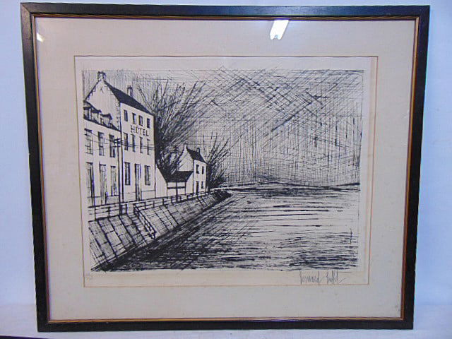 Bernard Buffet lithograph, street scene with hotel, numbered 22/73, signed, print is 19.25" by 24.5" (1 of 7)