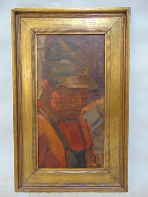 Painting, portrait worker, signed Ernst Halberstadt 1938 (?), oil on Masonite, 16.5" by 8.25", (1 of 5)