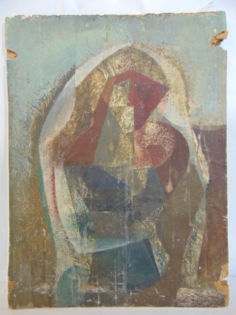 Painting, "Figure", John Wells 1950, oil on 'beaver board', 16" by 12", has damage on both sides (1 of 8)