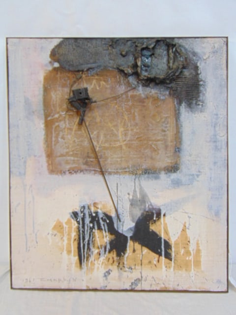 Mixed media, Igael Tumarkin, composition with various materials, barbed wire, Hebrew text, on (1 of 9)
