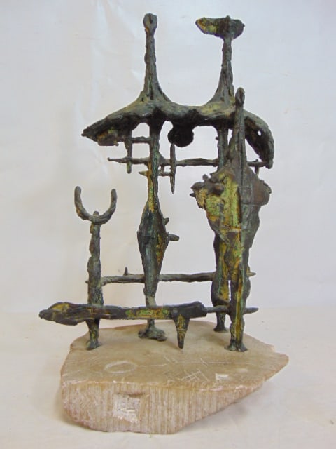 Bronze Brutalist sculpture by Arnold Geissbuhler, on stone base, sculpture is 16.5" tall, felt on: Bronze Brutalist sculpture by Arnold Geissbuhler, on stone base, sculpture is 16.5" tall, felt on base is loose