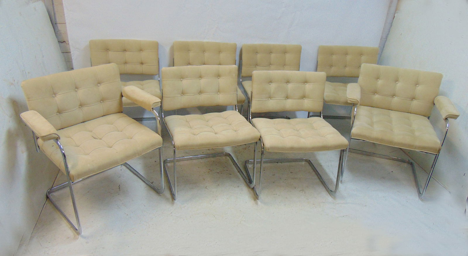 Set of 8 suede & chrome Stendig dining chairs, two arm 6 side, tufted suede seat & back, Swiss, Mid (1 of 11)