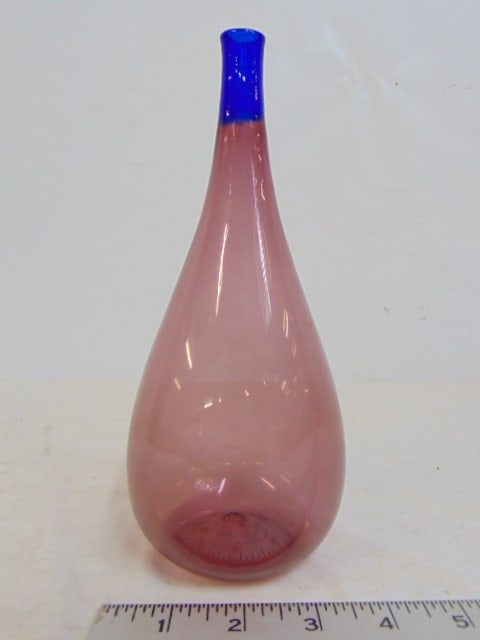 Small Venini art glass vase, pink with blue neck, height is 8.25", good condition, signed (1 of 5)