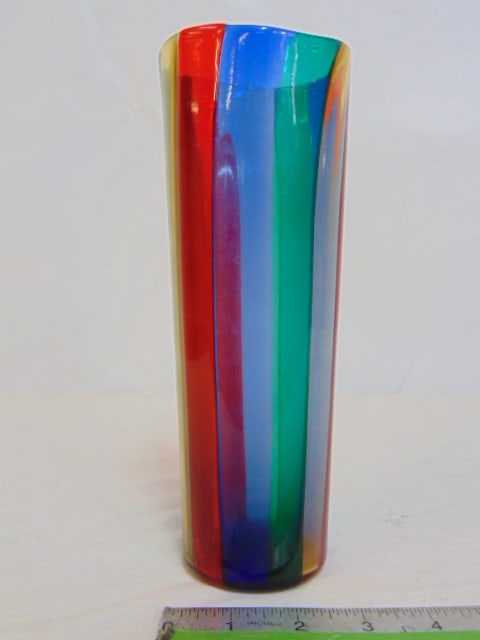 Fulvio Bianconi art glass vase with vertical colored bands, vase is 8 7/8" tall, in good condition. (1 of 6)