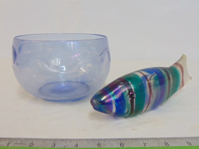 Venini art glass fish & vase, blue art glass bowl with wave design, 4.25" tall, diameter is 6.5" & (1 of 6)