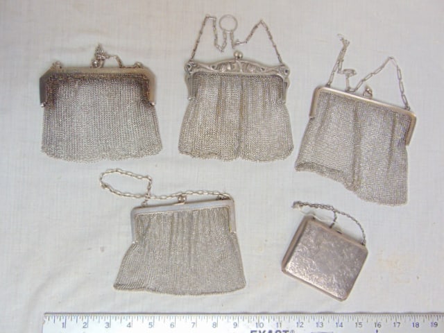 Collection of Vintage Sterling mesh purses & purse, 4 sterling mesh, 1 sterling hardcase w/ (1 of 13)