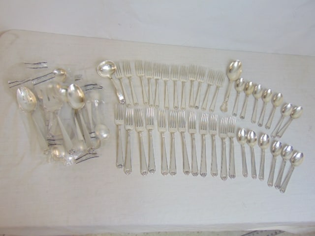 Set sterling silver flatware, "Lamerie", by Tuttle sterling, 112 oz troy, 12 dinner, two servers, 12 (1 of 8)