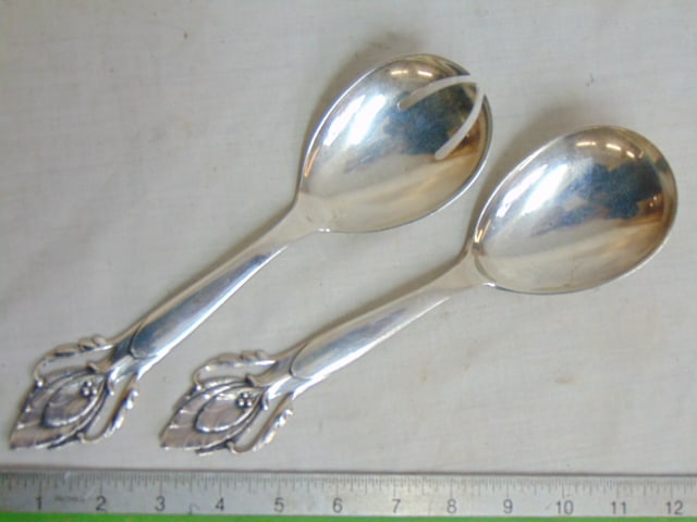 Frigast Danish sterling silver serving spoon & fork, 10", leaf pattern on handle, 7.5 troy (1 of 4)