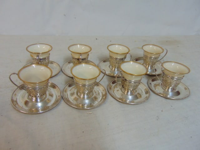 Set of 8 Lenox demitasse cups in sterling holders on sterling saucers, one insert repaired, 12 troy (1 of 5)