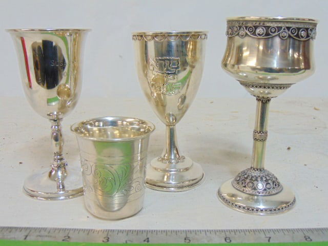 4 silver Judaica cups, small cup & 3 small goblets with various decorations, 10 troy (1 of 5)