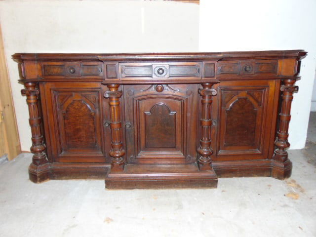 Victorian walnut sideboard with center marble insert, column front, raised panel doors, sideboard is (1 of 6)