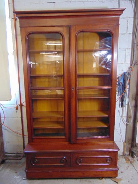 Victorian walnut double door bookcase, two drawers in base, wood shelves, in good condition, cabinet (1 of 5)
