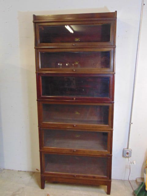 Mahogany stack bookcase by Hale, Herkimer, New York, 5 sections plus top & bottom, 34" by 11", (1 of 5)