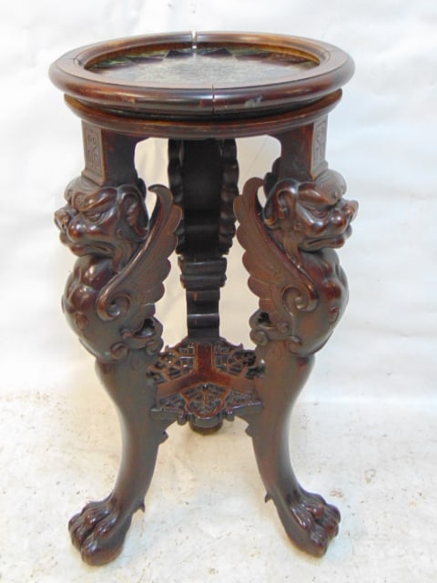 Carved winged griffin base, specimen mixed stone top stand, claw feet, carved wood base, height is (1 of 6)