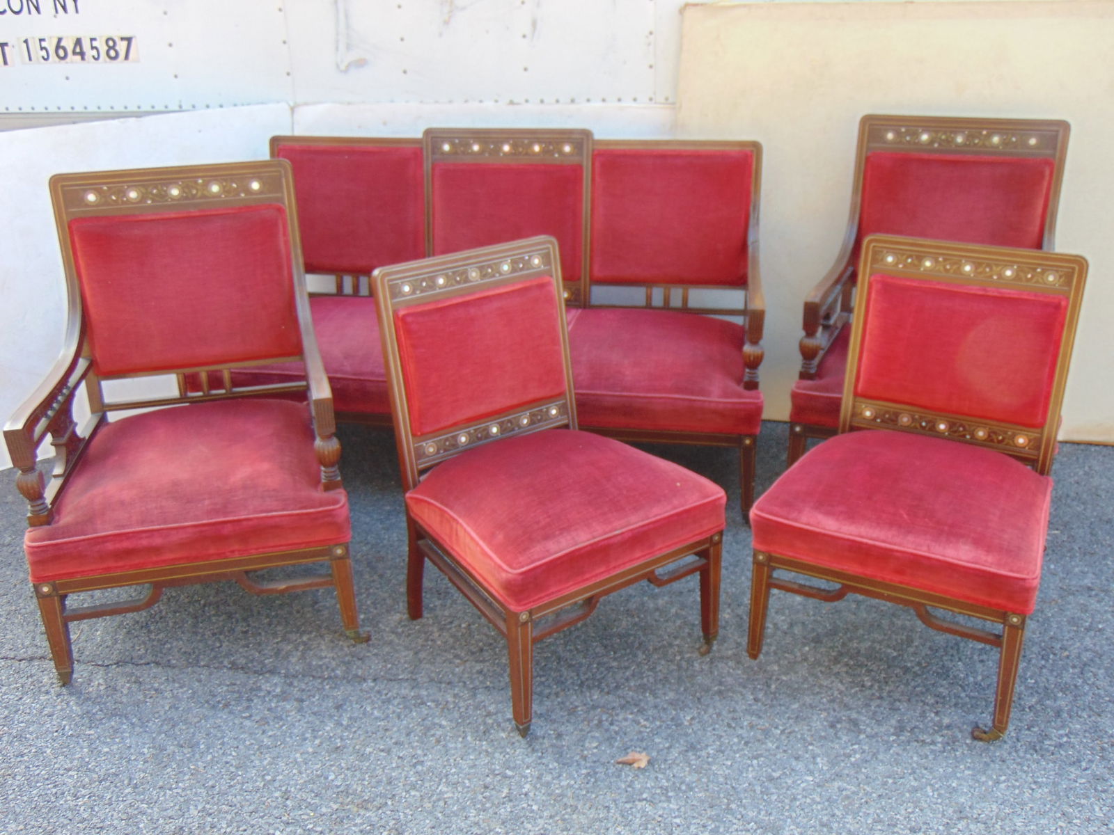 5 piece inlaid parlor set att. to Tisch, includes sofa, 2 arm chairs plus two side chairs, inlaid (1 of 13)