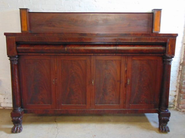 Mahogany empire sideboard with claw feet, inlaid black splash, triple drawer over cabinet base, (1 of 7)