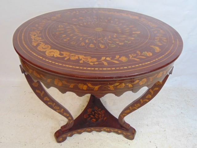 Dutch Marquetry top inlaid mahogany center table, fine quality inlay on top, legs & lower base, top (1 of 9)