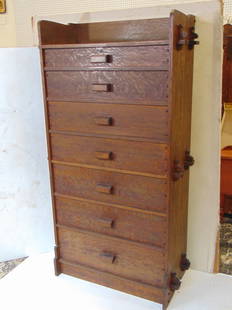 Charles Rohlfs oak chest of Drawers, dated 1900, 7 drawers, signed and dated, exceptional rare: Charles Rohlfs oak chest of Drawers, dated 1900, 7 drawers, signed and dated, exceptional rare piece, arts & crafts furniture, chest is 65 5/8" tall, width is 31.5", depth is 16 3/8", in good conditio