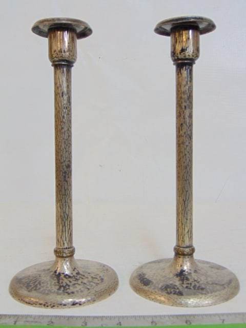 Pair silver plated hammered Roycroft candlesticks, signed, marked, "Roycroft Sheffield, sticks are 9 (1 of 7)