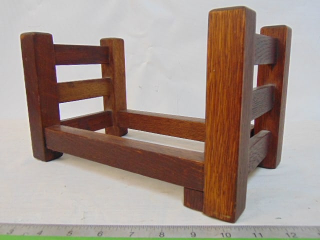 Gustav Stickley book cradle, mission oak, signed, 12" long, 7" deep, height is 7", extends (1 of 7)