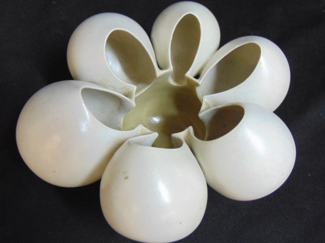 Ceramic organic sculpture by Beate Kuhn, egg shaped organic sculpture in white, signed, 7.25" in (1 of 8)