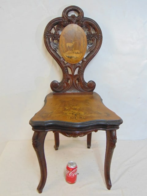 Black Forest side chair with inlaid seat, decorated with mountain goats, carved back, music box (1 of 5)