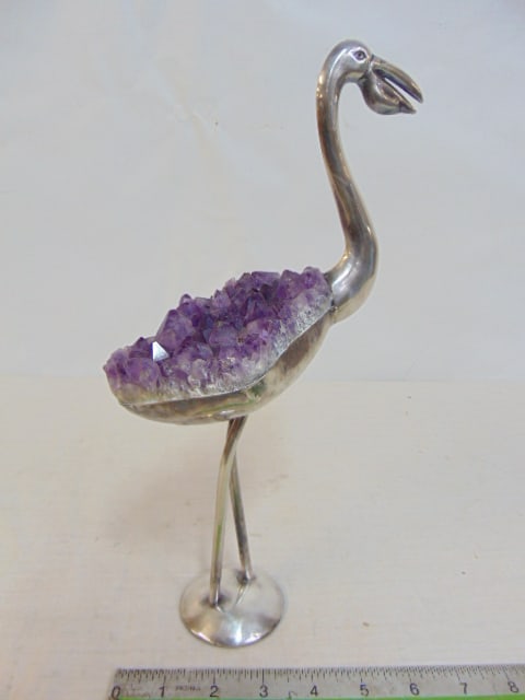 Gerson silver plated pelican with amethyst mineral specimen body, height is 12" (1 of 6)